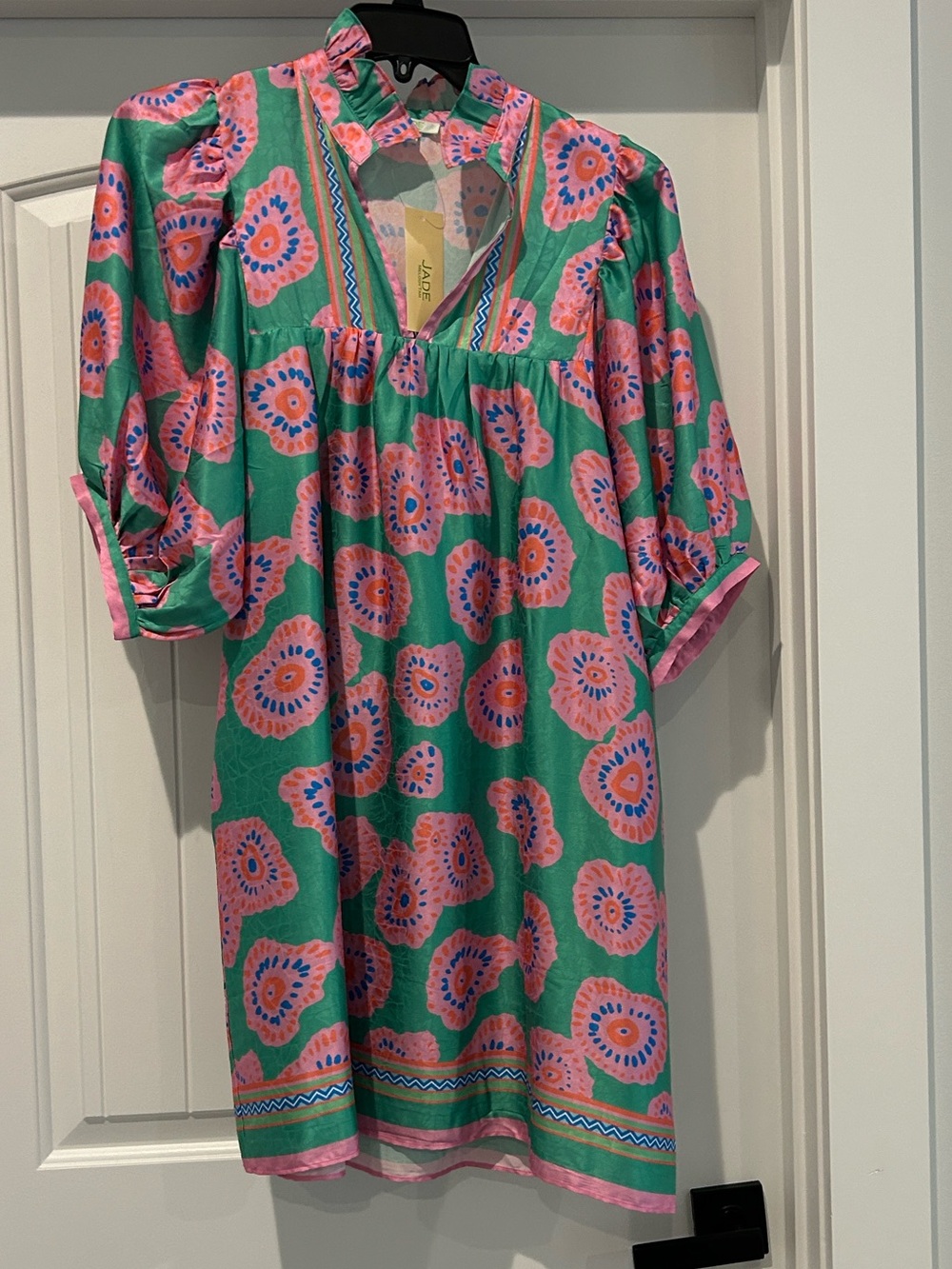 Green Floral Tunic Dress with Pink & Blue Accents by Jade
